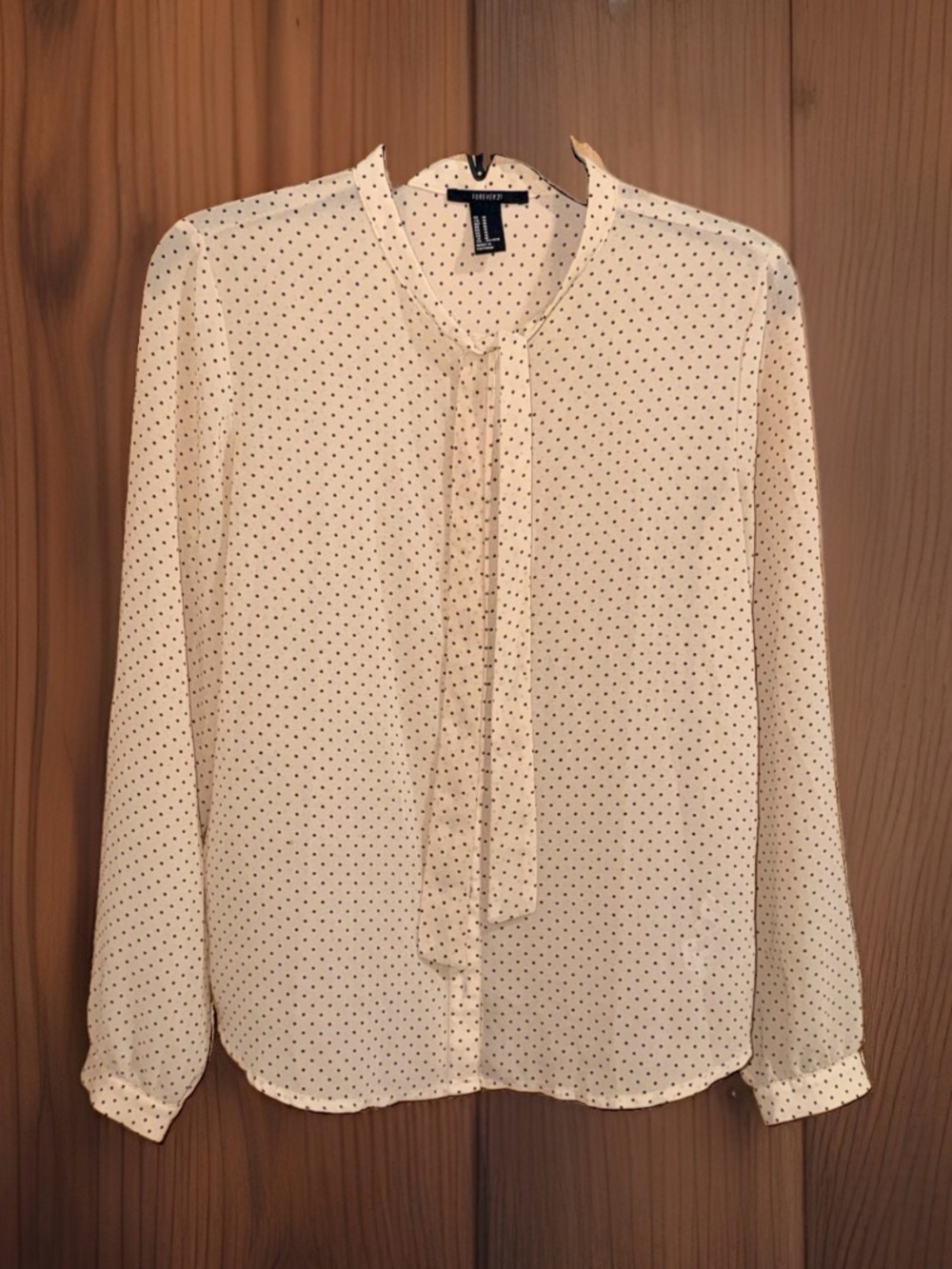 Forever 21 Sheer Cream & Black Polka Dot Tie-Neck Blouse-M-EC